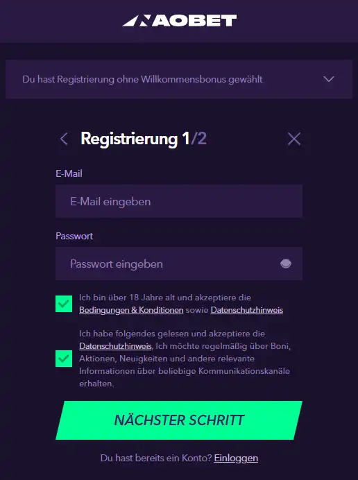 NaoBet Registrierungsseite auf Deutsch mit Auswahl eines Bonusangebots