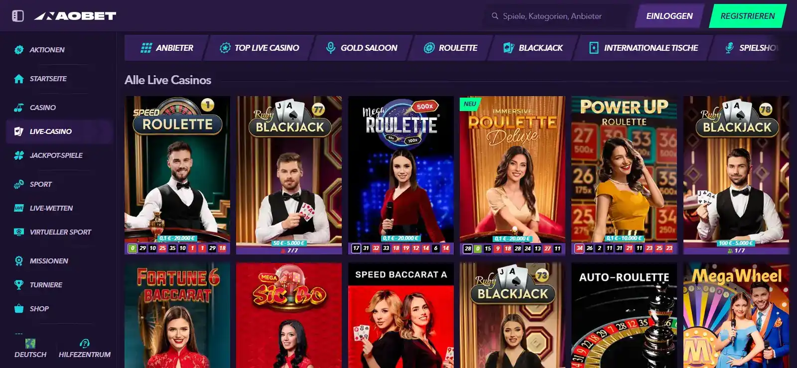 NaoBet Live-Casino-Lobby auf Deutsch mit Tischen und Kategorien