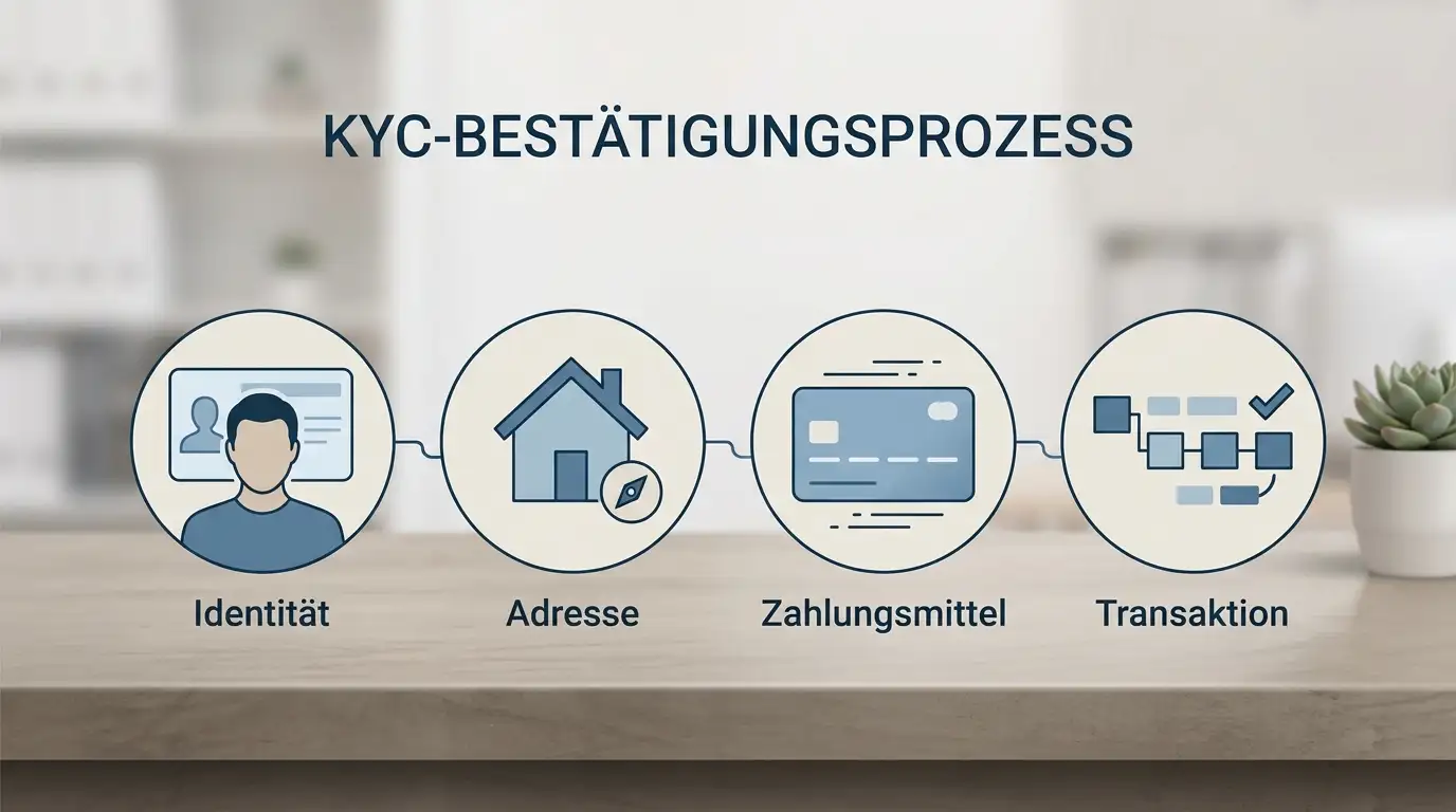 KYC-Checkliste mit Identität, Adresse, Zahlungsnachweis und Transaktionsnachweis