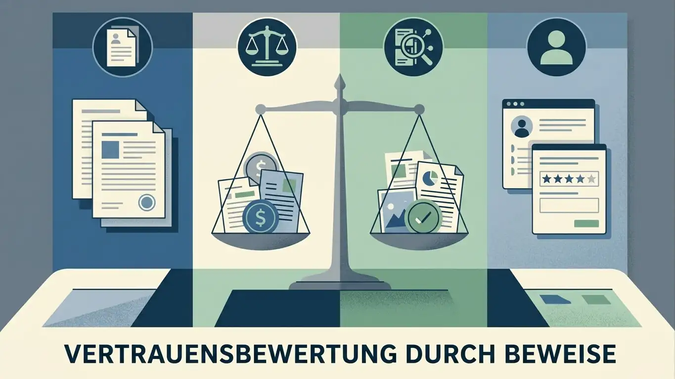 Übersicht verschiedener Vertrauenssignale wie Betreiberangaben, Register, Bedingungen und Nutzerberichte