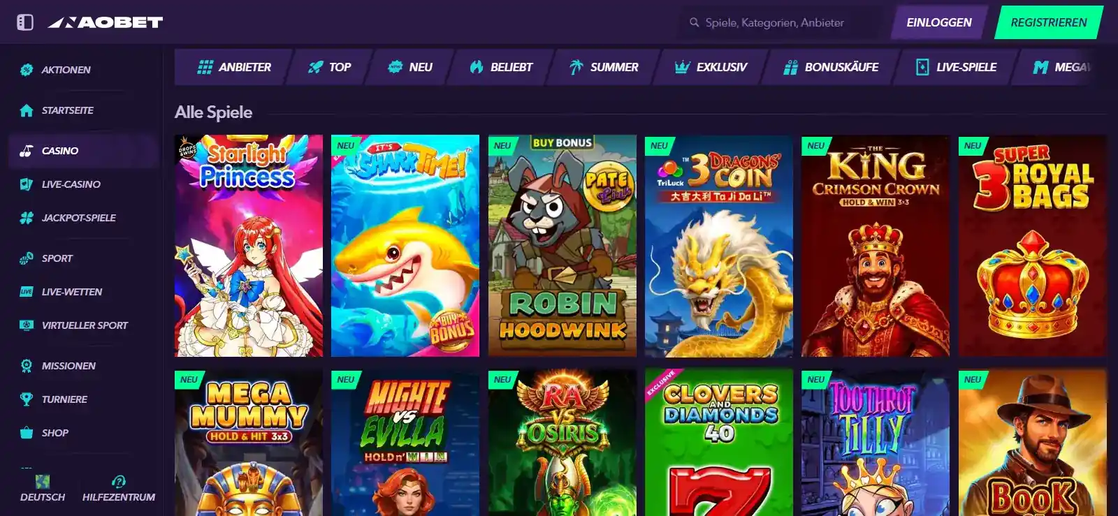 NaoBet Spiele-Lobby auf Deutsch mit Kategorien und aktuellen Titeln